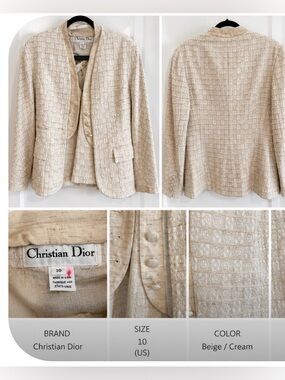 VINTAGE SET (blazer + Skirt) Dior Cream Textured Cotton Blend Blazer Jacket